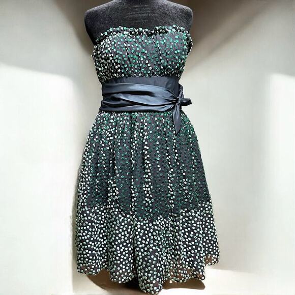 Betsey Johnson 8 Green Silk Velvet Swiss Dots Strapless Burnout Dress Vintage - Picture 2 of 15